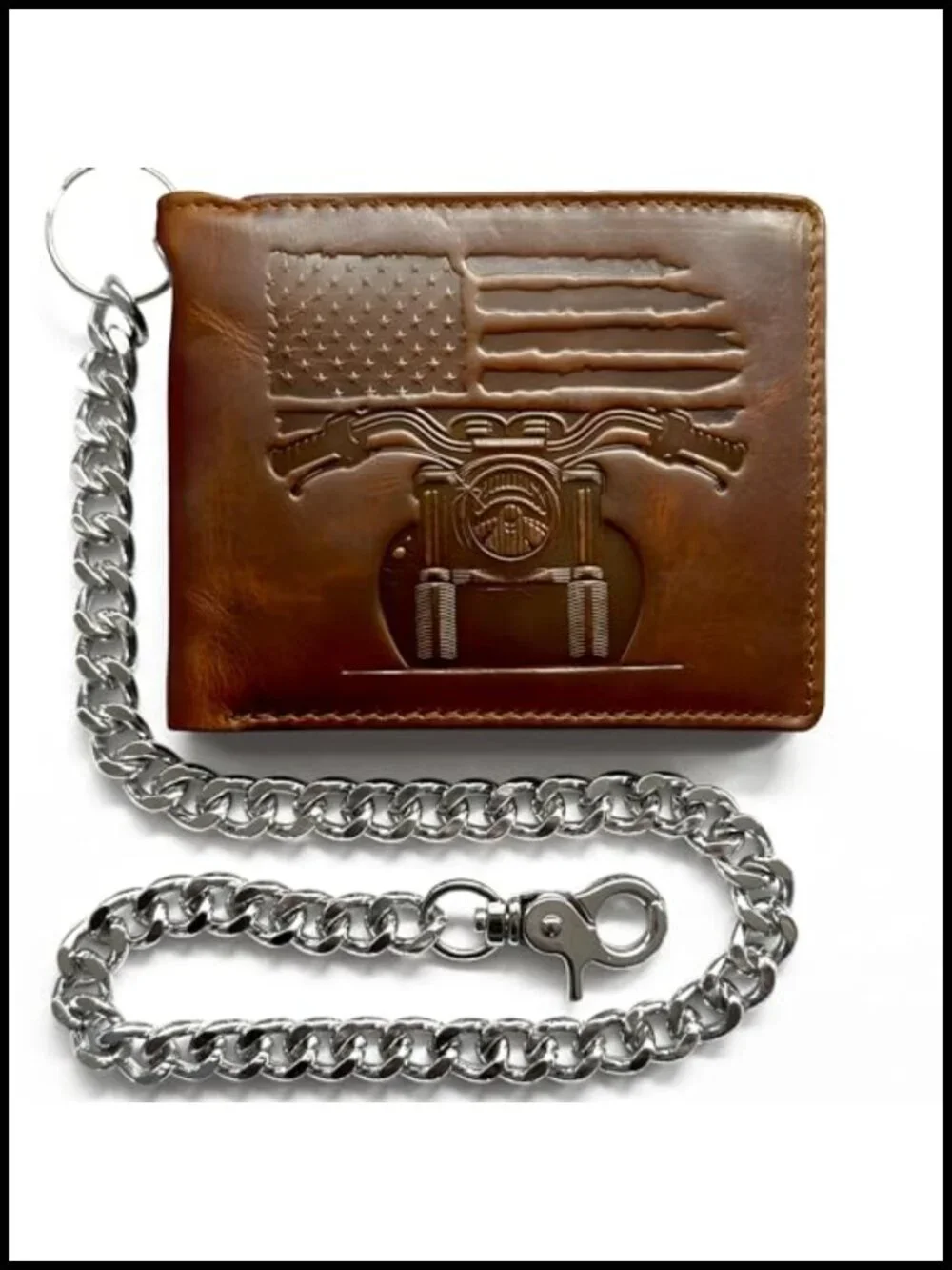 Biker Bifold Wallet with Chain, Full-Grain Leather, RFID Protected, 10 Card